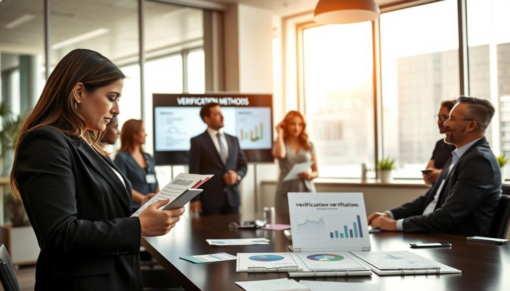 A professional office environment featuring a diverse group of businesspeople engaged in a collaborative meeting. In the foreground, a woman in formal business attire checks financial documents on her tablet while a man in a suit discusses verification methods displayed on a digital screen behind him. In the middle ground, a table is adorned with charts and graphs illustrating contractor verification processes. The background shows a modern office setting with large windows casting soft, natural light, illuminating the room. The atmosphere is focused and serious, conveying a sense of trust and professionalism. The lens captures a balanced angle that emphasizes teamwork and analytical discussion, perfect for illustrating the theme of verifying contractor credibility.