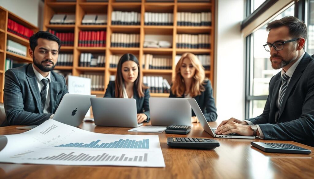 A professional office environment featuring a diverse team of businesspeople, including a woman and a man, both dressed in smart business attire, analyzing financial documents and charts on a large conference table. The foreground showcases a close-up of hands pointing at a printed financial report with graphs indicating company income, while laptops and calculators are scattered about. In the middle, a large window allows natural light to flood the room, illuminating the serious expressions of the team as they engage in discussion. The background includes shelves filled with books and files related to business, creating a scholarly atmosphere. The overall mood is focused and analytical, emphasizing collaboration in assessing company income. A professional office environment featuring a diverse team of businesspeople, including a woman and a man, both dressed in smart business attire, analyzing financial documents and charts on a large conference table. The foreground showcases a close-up of hands pointing at a printed financial report with graphs indicating company income, while laptops and calculators are scattered about. In the middle, a large window allows natural light to flood the room, illuminating the serious expressions of the team as they engage in discussion. The background includes shelves filled with books and files related to business, creating a scholarly atmosphere. The overall mood is focused and analytical, emphasizing collaboration in assessing company income.