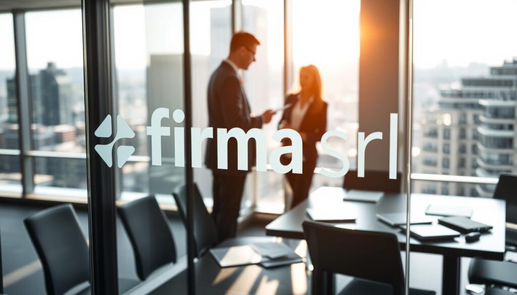 A professional office environment featuring the logo of "firma srl" prominently displayed on a glass door or wall. In the foreground, there are two business professionals—one male and one female—dressed in formal business attire, engaged in a discussion, possibly reviewing documents. The middle ground includes a modern conference table with laptops and papers strewn about, symbolizing collaboration and productivity. In the background, large windows reveal a bustling cityscape under bright daylight, casting natural light into the room. The overall atmosphere is one of professionalism, innovation, and dynamic teamwork. The perspective should be a slight tilt to highlight both the logo and the engaging interaction, creating an inviting and motivational mood. A professional office environment featuring the logo of "firma srl" prominently displayed on a glass door or wall. In the foreground, there are two business professionals—one male and one female—dressed in formal business attire, engaged in a discussion, possibly reviewing documents. The middle ground includes a modern conference table with laptops and papers strewn about, symbolizing collaboration and productivity. In the background, large windows reveal a bustling cityscape under bright daylight, casting natural light into the room. The overall atmosphere is one of professionalism, innovation, and dynamic teamwork. The perspective should be a slight tilt to highlight both the logo and the engaging interaction, creating an inviting and motivational mood.