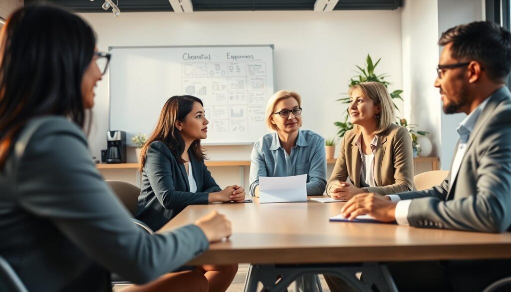 A professional office environment illustrating a discussion about sick leave benefits in a small company with fewer than 20 employees. In the foreground, a diverse group of three professionals—two women and one man—are seated at a conference table, engaged in conversation. One woman has long dark hair and is wearing a smart blazer, the second has short blonde hair in a casual shirt, while the man is in a neat business suit. In the middle ground, a large window lets in soft, natural light, illuminating a whiteboard filled with charts and notes about employee benefits. The background features a modern office with minimalistic decor, plants, and a coffee machine. The atmosphere is collaborative, focused, and warm, reflecting the theme of teamwork and support in managing sick leave. A professional office environment illustrating a discussion about sick leave benefits in a small company with fewer than 20 employees. In the foreground, a diverse group of three professionals—two women and one man—are seated at a conference table, engaged in conversation. One woman has long dark hair and is wearing a smart blazer, the second has short blonde hair in a casual shirt, while the man is in a neat business suit. In the middle ground, a large window lets in soft, natural light, illuminating a whiteboard filled with charts and notes about employee benefits. The background features a modern office with minimalistic decor, plants, and a coffee machine. The atmosphere is collaborative, focused, and warm, reflecting the theme of teamwork and support in managing sick leave.