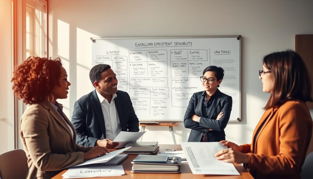 A professional office environment illustrating the concept of "employment seniority" in Polish law. In the foreground, a group of three diverse professionals—one Black woman in smart business attire, one Asian man in a collared shirt, and one Caucasian woman with glasses—are engaged in an animated discussion, surrounded by papers and digital devices. In the middle background, a large whiteboard filled with charts and diagrams representing work experience timelines and employment regulations. Warm, natural lighting filters through large windows, casting soft shadows and creating a collaborative atmosphere. The scene conveys a sense of legality and professionalism, highlighting an important topic on employment history. A professional office environment illustrating the concept of "employment seniority" in Polish law. In the foreground, a group of three diverse professionals—one Black woman in smart business attire, one Asian man in a collared shirt, and one Caucasian woman with glasses—are engaged in an animated discussion, surrounded by papers and digital devices. In the middle background, a large whiteboard filled with charts and diagrams representing work experience timelines and employment regulations. Warm, natural lighting filters through large windows, casting soft shadows and creating a collaborative atmosphere. The scene conveys a sense of legality and professionalism, highlighting an important topic on employment history.