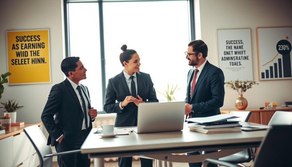 A professional office environment illustrating the theme of post-administration earnings. In the foreground, a diverse group of three professionals—two men and one woman—dressed in smart business attire, are engaged in a discussion. In the middle, a modern desk is cluttered with financial reports, a laptop displaying graphs, and a cup of coffee. The background features a large window that lets in soft, natural daylight, creating a bright and inviting atmosphere. The office is decorated with motivational posters about success and career growth. The mood is optimistic and dynamic, capturing the essence of ambition and financial potential in the administration field. Use a warm color palette and a slightly blurred lens effect to enhance focus on the foreground group.