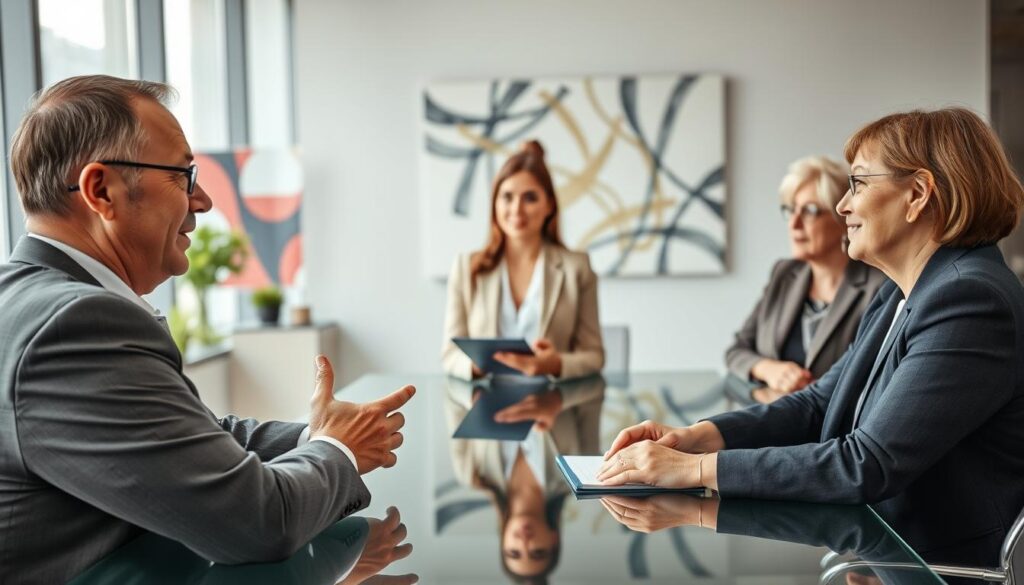 A professional office environment showcasing a diverse group of individuals engaged in a discussion about Hecht, a company known for its positive reputation. In the foreground, a middle-aged man in a suit expresses a favorable opinion while seated at a modern glass conference table. In the middle ground, a young woman in smart casual attire takes notes, and an older woman in a blazer nods in agreement. The background features a sleek wall with abstract art and large windows that let in soft, natural light, creating an inviting atmosphere. The mood is collaborative and optimistic, emphasizing a sense of community and trust in the firm's reputation. The scene is captured with a slight depth of field to highlight the discussion while keeping the background softly blurred.