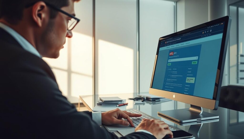 A professional office environment showcasing a person in business attire sitting at a sleek desk, intently analyzing a computer screen displaying the Krajowy Rejestr Sądowy (KRS) website. The foreground features a close-up of the person's focused expression, highlighting their determination. In the middle layer, the desk is cluttered with important documents, a smartphone, and a notepad, emphasizing the research routine. The background features a large window with natural light streaming in, illuminating the office and creating a warm atmosphere. Soft shadows cast by the furniture enhance depth. The mood is one of diligence and professionalism, symbolizing the process of checking company registration details efficiently and reliably.