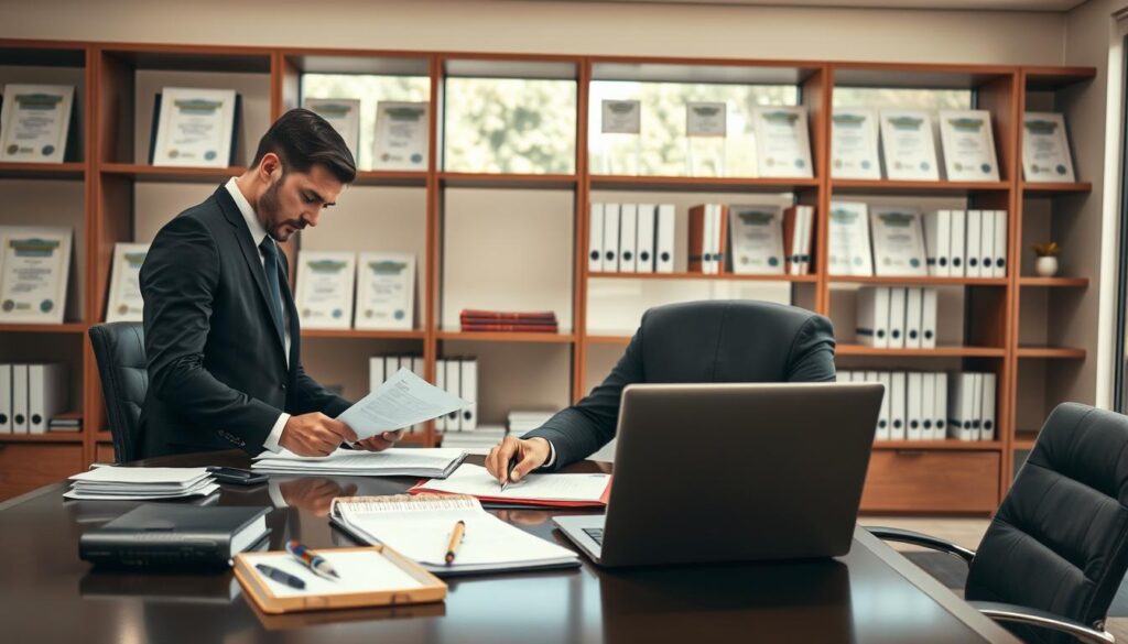 A professional office environment showcasing the formalities of starting a business. In the foreground, a focused individual in smart business attire, reviewing papers and filling out forms at a sleek desk. In the middle, various office supplies such as a laptop, a stack of documents, a pen, and a ledger, illustrating organization and clarity. The background features bookshelves lined with business manuals and certifications, with a large window allowing natural light to flood the space, creating a warm and inviting atmosphere. Soft shadows add depth, and the overall mood is one of determination and professionalism, emphasizing the importance of administrative tasks in the entrepreneurial journey.