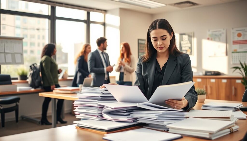A professional office environment where a diverse group of students is seen gathering their documents for university applications. In the foreground, a young woman in smart business attire is carefully organizing her folders and papers on a desk, looking focused and determined. In the middle background, a small group of students is discussing their application processes, showcasing camaraderie and support. The office has a warm, inviting atmosphere with soft, natural light streaming in through large windows, casting gentle shadows. A calendar and motivational posters are visible on the walls, reflecting the theme of education and aspirations. The overall mood is one of community and preparation, capturing the essence of the process of submitting college applications in person.