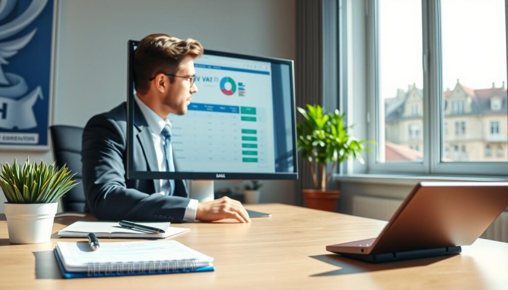 A professional office scene depicting a businessperson, dressed in smart business attire, seated at a desk focused on a computer screen displaying a detailed VAT status check webpage. In the foreground, show a notepad and a calculator, symbolizing active analysis and verification. The middle ground features a potted plant, adding a touch of nature to the environment. In the background, a window reveals a cityscape of European-inspired architecture, suggesting an EU context. The lighting is bright and natural, streaming in from the window, creating an atmosphere of productivity and focus. The angle is slightly tilted, providing a dynamic view of the workspace while emphasizing the seriousness of the VAT verification process. A professional office scene depicting a businessperson, dressed in smart business attire, seated at a desk focused on a computer screen displaying a detailed VAT status check webpage. In the foreground, show a notepad and a calculator, symbolizing active analysis and verification. The middle ground features a potted plant, adding a touch of nature to the environment. In the background, a window reveals a cityscape of European-inspired architecture, suggesting an EU context. The lighting is bright and natural, streaming in from the window, creating an atmosphere of productivity and focus. The angle is slightly tilted, providing a dynamic view of the workspace while emphasizing the seriousness of the VAT verification process.
