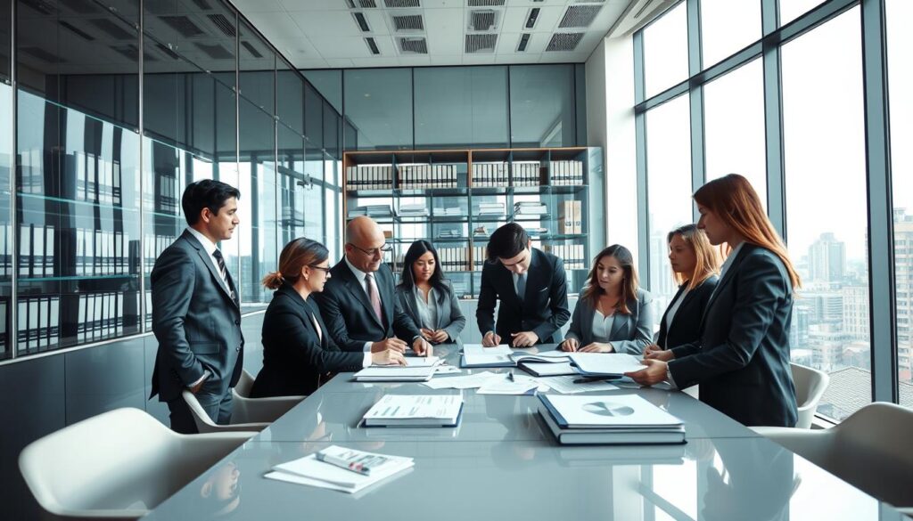 A professional office scene depicting a debt collection agency at work. In the foreground, a diverse group of business professionals dressed in smart business attire, including men and women, engaged in a discussion over financial documents on a conference table. The middle ground features a modern office environment, with glass walls, sleek furniture, and shelves lined with legal books and financial reports. The background shows a large window with a cityscape view, allowing natural light to flood the room, creating a bright and focused atmosphere. Use a wide-angle lens perspective to capture the collaboration and intensity of the meeting, conveying a productive and serious mood. The overall impression should reflect professionalism and diligence in the field of debt collection.