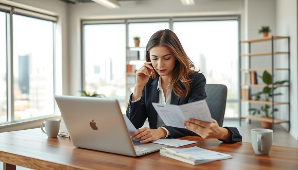 A professional office scene set in a modern workspace that illustrates the concept of a sole proprietorship dealing with ZUS (social security). In the foreground, a focused businesswoman in smart business attire is reviewing documents on a tablet, with a thoughtful expression. She is seated at a sleek wooden desk adorned with a laptop, a coffee mug, and financial paperwork. In the middle ground, shelves filled with books and a small plant create a productive atmosphere. In the background, a large window allows natural light to flood in, brightening the room and offering a view of a city skyline, symbolizing growth and opportunity. The overall mood is professional and determined, emphasizing the theme of entrepreneurship and fiscal responsibility.