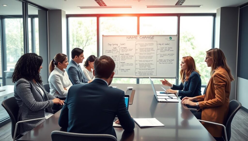 A professional office setting depicting the process of changing a company's name. In the foreground, a diverse group of business professionals, dressed in smart attire, are gathered around a large conference table. They are actively discussing and reviewing documents, with a laptop open displaying a name change application. The middle ground features a whiteboard with notes and diagrams outlining the steps involved in the name change process. In the background, large windows let in natural light, creating a bright and inviting atmosphere. The scene conveys a sense of collaboration and focus, with a clean and modern aesthetic, captured with a wide-angle lens to emphasize the teamwork and environment. A professional office setting depicting the process of changing a company's name. In the foreground, a diverse group of business professionals, dressed in smart attire, are gathered around a large conference table. They are actively discussing and reviewing documents, with a laptop open displaying a name change application. The middle ground features a whiteboard with notes and diagrams outlining the steps involved in the name change process. In the background, large windows let in natural light, creating a bright and inviting atmosphere. The scene conveys a sense of collaboration and focus, with a clean and modern aesthetic, captured with a wide-angle lens to emphasize the teamwork and environment.