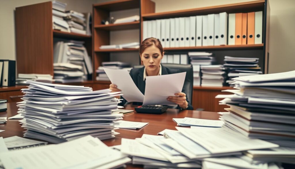 A professional office setting featuring a businesswoman in smart business attire, seated at a polished wooden desk cluttered with stacks of documents, invoices, and spreadsheets. In the foreground, focus on the papers, showcasing the variety of documents essential for accounting. In the middle, the businesswoman is thoughtfully analyzing a document with a calculator nearby, depicting her as a diligent accountant managing the costs associated with paperwork. In the background, shelves filled with more organized files highlight the importance of documentation in business expenses. Soft, warm lighting creates a focused atmosphere, emphasizing the seriousness of managing costs. The scene captures a sense of professionalism and diligence, embodying the theme of documentation as a key cost factor.