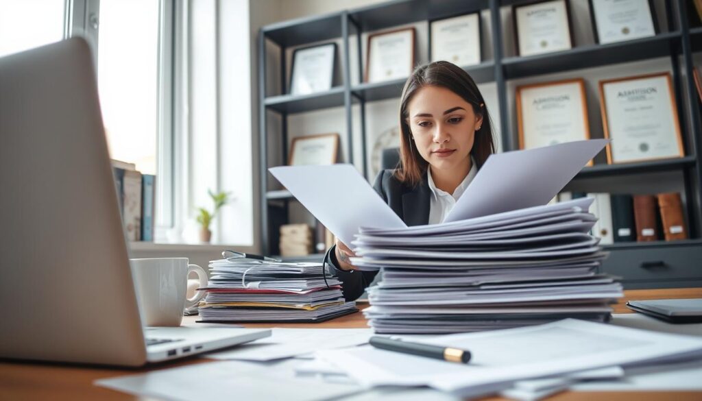 A professional office setting featuring a young woman in business attire, seated at a desk, reviewing important documents with a focused expression. In the foreground, there are scattered papers and a laptop with a coffee mug nearby. In the middle ground, a stack of organized files labeled "Admission Documents" can be seen, alongside a pen and a notepad. The background includes shelves filled with books and framed certificates, adding an academic atmosphere. Soft, natural light filters in from a nearby window, casting gentle shadows, creating a calm and diligent mood. The angle is slightly overhead, capturing the act of verification and submission of essential documents while emphasizing a sense of purpose and professionalism.