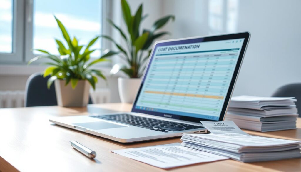 A professional office setting filled with a sense of organization and clarity. In the foreground, a neatly arranged desk with a modern laptop displaying a spreadsheet document related to cost documentation, alongside a stack of neatly organized receipts. A pen and calculator are also present, emphasizing the theme of thorough financial tracking. In the middle ground, a potted plant adds a touch of warmth to the otherwise professional atmosphere. In the background, a window reveals a clear blue sky, allowing natural light to flood the room and illuminate the workspace, creating a bright and inviting mood. The image should be shot from a slightly elevated angle to capture the full setup without any distractions or clutter. No people or text are present; the focus should be entirely on the workspace and its elements. A professional office setting filled with a sense of organization and clarity. In the foreground, a neatly arranged desk with a modern laptop displaying a spreadsheet document related to cost documentation, alongside a stack of neatly organized receipts. A pen and calculator are also present, emphasizing the theme of thorough financial tracking. In the middle ground, a potted plant adds a touch of warmth to the otherwise professional atmosphere. In the background, a window reveals a clear blue sky, allowing natural light to flood the room and illuminate the workspace, creating a bright and inviting mood. The image should be shot from a slightly elevated angle to capture the full setup without any distractions or clutter. No people or text are present; the focus should be entirely on the workspace and its elements.