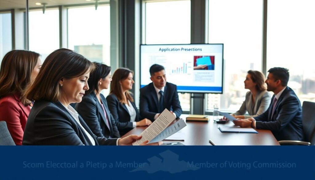 A professional office setting focused on the electoral process, featuring a diverse group of individuals in business attire collaborating around a conference table. In the foreground, a middle-aged woman is reviewing application forms, looking thoughtfully at the documents. The middle layer includes a young man explaining the application process using a digital presentation on a screen. The background shows a large window revealing a cityscape, with natural light pouring in, creating a bright, hopeful atmosphere. The scene embodies a sense of teamwork and civic engagement, illustrating the steps to becoming a member of a voting commission, with an emphasis on professionalism and community involvement.