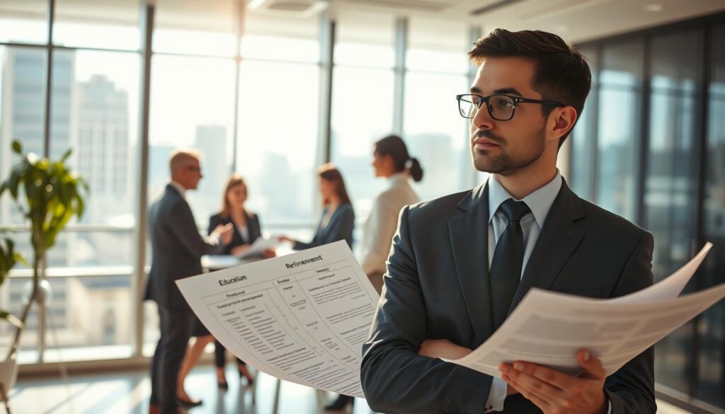 A professional office setting illustrating the impact of education on retirement. In the foreground, a thoughtful individual in business attire reviews documents that highlight educational achievements and their correlation with retirement benefits. In the middle ground, a diverse group of professionals engaged in a discussion, sharing ideas about how higher education influences work experience and pension calculations. The background depicts a large window with sunlight streaming in, creating a warm and inspiring atmosphere. Soft focus on the architecture and cityscape outside enhances the feeling of advancement and potential. The lighting is bright and inviting, emphasizing a sense of hope and wisdom in the pursuit of a secure future through education. A professional office setting illustrating the impact of education on retirement. In the foreground, a thoughtful individual in business attire reviews documents that highlight educational achievements and their correlation with retirement benefits. In the middle ground, a diverse group of professionals engaged in a discussion, sharing ideas about how higher education influences work experience and pension calculations. The background depicts a large window with sunlight streaming in, creating a warm and inspiring atmosphere. Soft focus on the architecture and cityscape outside enhances the feeling of advancement and potential. The lighting is bright and inviting, emphasizing a sense of hope and wisdom in the pursuit of a secure future through education.