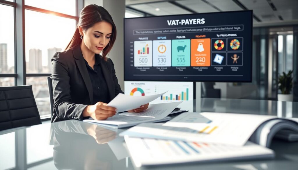 A professional office setting in Poland depicting the concept of VAT payers. In the foreground, a confident businesswoman in smart business attire is inspecting financial documents at a modern desk. In the middle, a large screen displays graphs and charts pertaining to VAT tax categories, possibly incorporating symbols or icons representing different types of VAT payers, such as small businesses, corporations, and freelancers. In the background, a polished office environment with large windows showing a cityscape, incorporating natural sunlight for a bright and open feel. The overall mood is focused and professional, emphasizing clarity and organization in financial matters, with a slight depth of field to enhance the focus on the foreground. A professional office setting in Poland depicting the concept of VAT payers. In the foreground, a confident businesswoman in smart business attire is inspecting financial documents at a modern desk. In the middle, a large screen displays graphs and charts pertaining to VAT tax categories, possibly incorporating symbols or icons representing different types of VAT payers, such as small businesses, corporations, and freelancers. In the background, a polished office environment with large windows showing a cityscape, incorporating natural sunlight for a bright and open feel. The overall mood is focused and professional, emphasizing clarity and organization in financial matters, with a slight depth of field to enhance the focus on the foreground.