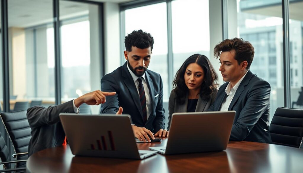 A professional office setting serves as the background, depicting a modern conference room with a large table and chairs. In the foreground, a diverse group of three people in professional business attire engage in a serious discussion. One is pointing to a chart on a laptop, illustrating the disparities between work experience and academic qualifications. The mood is one of contemplation and evaluation, with soft, natural light filtering in through large windows. The camera angle is slightly above the table, focusing on the expressions of thoughtful concentration on the faces of the individuals. Subtle shadows enhance the atmosphere, reflecting the gravity of the topic being discussed, while the background remains slightly blurred to emphasize the foreground conversation.