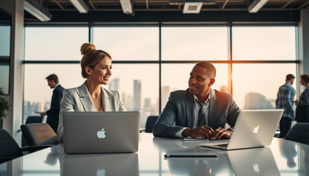 A professional office setting showcasing a diverse group of individuals, reflecting positive discussions about a company named Oceansapart. In the foreground, a Caucasian woman and an African American man are engaged in conversation, both dressed in business attire, with laptops open on a sleek conference table. The middle ground features a large window revealing a sunny urban skyline, suggesting optimism and growth. Soft, natural light filters into the room, illuminating the space with a warm tone. In the background, more colleagues are seen collaborating, emphasizing teamwork and engagement. The overall atmosphere is one of professionalism, collaboration, and enthusiasm for the company, resonating with positive opinions. A professional office setting showcasing a diverse group of individuals, reflecting positive discussions about a company named Oceansapart. In the foreground, a Caucasian woman and an African American man are engaged in conversation, both dressed in business attire, with laptops open on a sleek conference table. The middle ground features a large window revealing a sunny urban skyline, suggesting optimism and growth. Soft, natural light filters into the room, illuminating the space with a warm tone. In the background, more colleagues are seen collaborating, emphasizing teamwork and engagement. The overall atmosphere is one of professionalism, collaboration, and enthusiasm for the company, resonating with positive opinions.