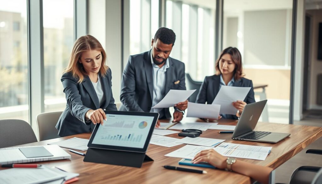 A professional office setting showcasing a diverse group of three people engaged in a detailed discussion around a large table laden with documents, laptops, and stationery. The foreground features a woman in smart business attire pointing at a digital tablet displaying graphs and charts, while a man in a suit takes notes. In the middle, a third person, wearing a blazer, reviews forms and applications related to business registration. The background shows a modern office with large windows allowing natural light to flood in, creating a bright and welcoming atmosphere. The mood is focused yet collaborative, emphasizing the importance of formalities after business registration. The composition captures a sense of professionalism and determination.