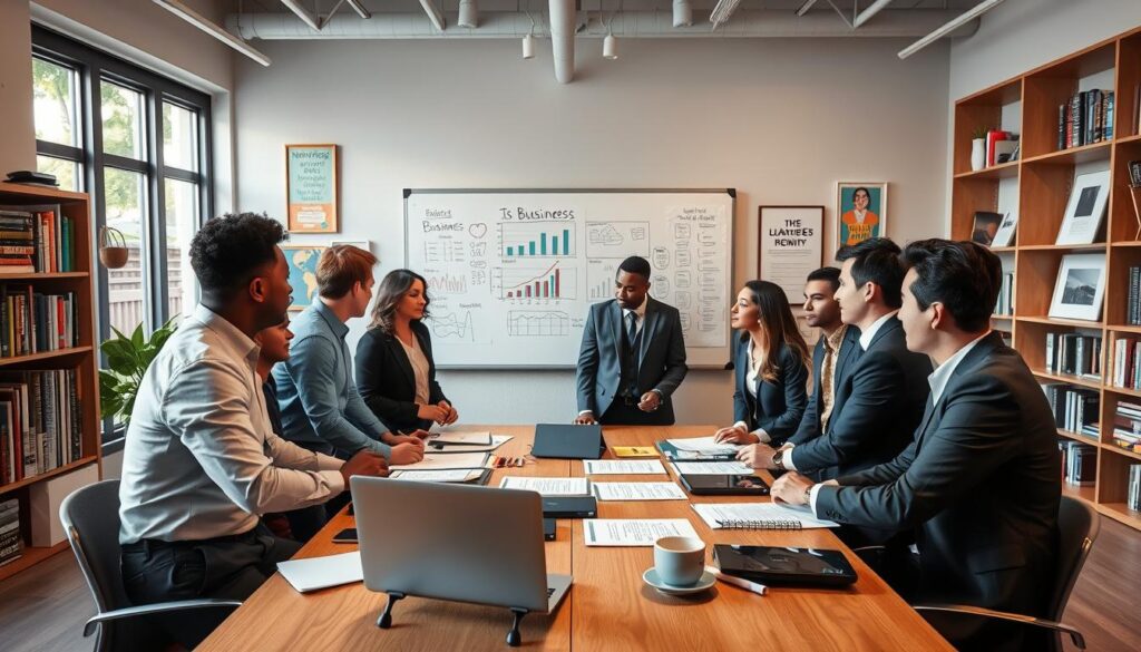 A professional office setting showcasing the process of starting a business. In the foreground, a diverse group of individuals dressed in professional business attire are engaged in a brainstorming session around a large table filled with documents, a laptop, and a coffee cup. In the middle ground, a whiteboard filled with charts and notes highlights key steps of business establishment. The background features bookshelves filled with business books and motivational posters, hinting at an entrepreneurial atmosphere. Soft, natural light streams through large windows, creating a fresh, inviting mood. A wide-angle lens captures the scene, emphasizing collaboration and innovation in the process of launching a new company. A professional office setting showcasing the process of starting a business. In the foreground, a diverse group of individuals dressed in professional business attire are engaged in a brainstorming session around a large table filled with documents, a laptop, and a coffee cup. In the middle ground, a whiteboard filled with charts and notes highlights key steps of business establishment. The background features bookshelves filled with business books and motivational posters, hinting at an entrepreneurial atmosphere. Soft, natural light streams through large windows, creating a fresh, inviting mood. A wide-angle lens captures the scene, emphasizing collaboration and innovation in the process of launching a new company.