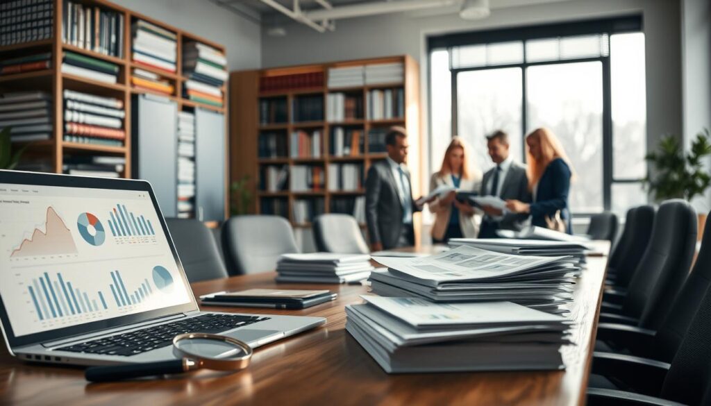 A professional office setting showcasing various additional sources of company information. In the foreground, a well-organized desk with a laptop displaying data charts, a stack of business reports, and a magnifying glass. In the middle ground, a diverse group of professionals in business attire discussing over documents and a tablet, collaborating on a project. A large bookshelf filled with books on market research, business directories, and financial reports is visible in the background. Soft, natural lighting streams through a window, creating an inviting atmosphere. The composition is captured with a slight depth of field for a focused yet dynamic effect. The overall mood is one of diligence and professionalism, emphasizing research and analysis. A professional office setting showcasing various additional sources of company information. In the foreground, a well-organized desk with a laptop displaying data charts, a stack of business reports, and a magnifying glass. In the middle ground, a diverse group of professionals in business attire discussing over documents and a tablet, collaborating on a project. A large bookshelf filled with books on market research, business directories, and financial reports is visible in the background. Soft, natural lighting streams through a window, creating an inviting atmosphere. The composition is captured with a slight depth of field for a focused yet dynamic effect. The overall mood is one of diligence and professionalism, emphasizing research and analysis.