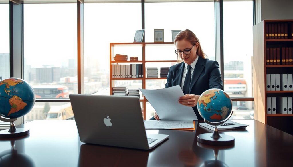 A professional office setting with a modern desk featuring a laptop, business documents, and a globe, symbolizing the registration of a transport company. In the foreground, a business professional in formal attire is reviewing paperwork, looking focused and determined. In the middle, a large window reveals a cityscape with visible transport vehicles, like trucks and buses, indicating the transport industry. The background shows shelves filled with transportation-related books and certificates of registration, establishing an academic atmosphere. The lighting is bright and natural, streaming in through the window, creating a productive and optimistic mood. The angle is slightly from above, capturing the scene with depth and clarity. A professional office setting with a modern desk featuring a laptop, business documents, and a globe, symbolizing the registration of a transport company. In the foreground, a business professional in formal attire is reviewing paperwork, looking focused and determined. In the middle, a large window reveals a cityscape with visible transport vehicles, like trucks and buses, indicating the transport industry. The background shows shelves filled with transportation-related books and certificates of registration, establishing an academic atmosphere. The lighting is bright and natural, streaming in through the window, creating a productive and optimistic mood. The angle is slightly from above, capturing the scene with depth and clarity.