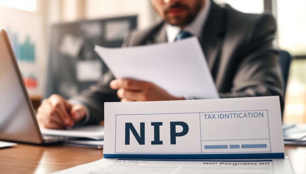 A professional office setting with a well-dressed businessperson, sitting at a desk surrounded by documents and a laptop. The foreground features a close-up of a tax identification document labeled "NIP" prominently displayed, with graphs and charts subtly blurred in the background. Soft, natural lighting from a nearby window illuminates the scene, creating a warm and inviting atmosphere. The businessperson is focused, reviewing the document, and their expression conveys a sense of diligence and responsibility. The overall mood is serious yet composed, reflecting the importance of tax identification in business. The angle captures the document and the person simultaneously, emphasizing the significance of understanding the NIP in a professional context. A professional office setting with a well-dressed businessperson, sitting at a desk surrounded by documents and a laptop. The foreground features a close-up of a tax identification document labeled "NIP" prominently displayed, with graphs and charts subtly blurred in the background. Soft, natural lighting from a nearby window illuminates the scene, creating a warm and inviting atmosphere. The businessperson is focused, reviewing the document, and their expression conveys a sense of diligence and responsibility. The overall mood is serious yet composed, reflecting the importance of tax identification in business. The angle captures the document and the person simultaneously, emphasizing the significance of understanding the NIP in a professional context.