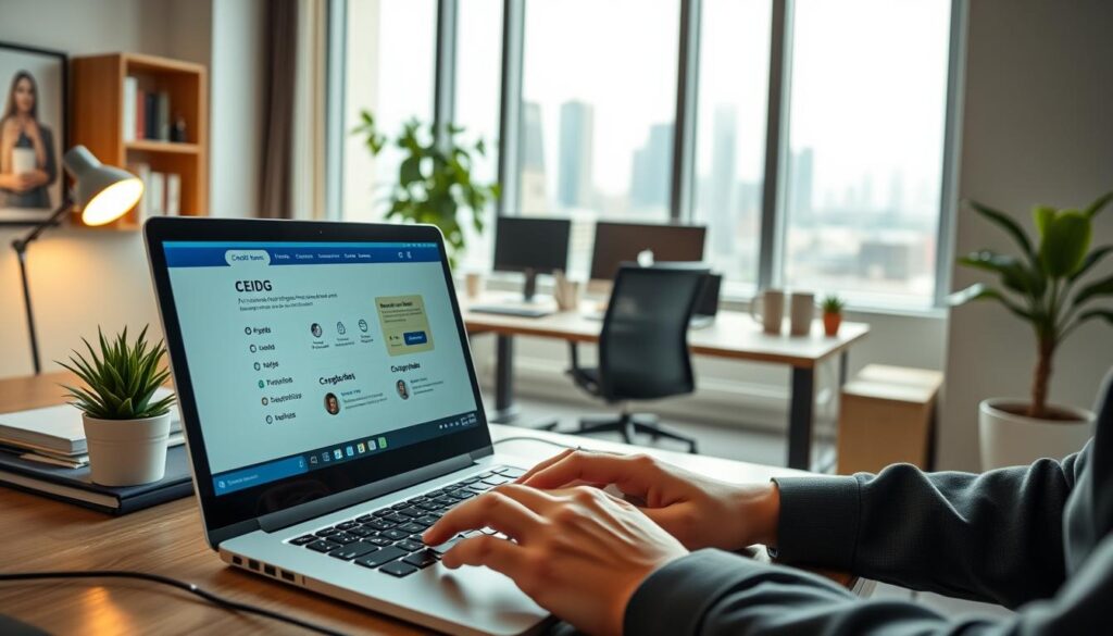 A professional office space showcasing a laptop open to a CEIDG account page, displaying user-friendly interface elements like checklists and profile sections. In the foreground, a pair of hands typing, wearing business casual attire. The middle ground includes a well-organized desk with office supplies, a small potted plant for a touch of greenery, and ambient lighting from a desk lamp. In the background, large windows allowing soft natural light to illuminate the room, with a city skyline visible. The atmosphere is productive and inviting, suggesting an efficient and modern workspace, ideal for entrepreneurs. Capture the mood of empowerment and business acumen in a clear, focused composition.
