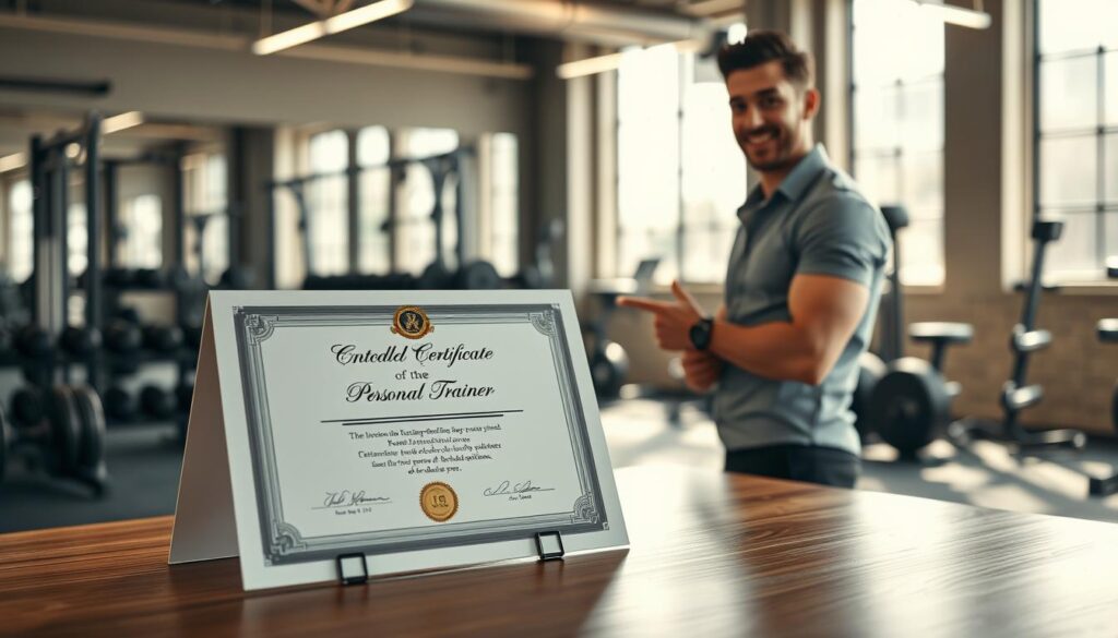 A professional personal trainer certification displayed prominently on a sleek wooden desk. In the foreground, the document features an elegant design, elements like a gold seal and signature, conveying authenticity. A fit individual in smart casual clothing stands next to the desk, pointing at the certificate with a confident expression, representing a professional trainer. In the background, a gym setting is softly illuminated with natural light streaming through large windows, showing weights and exercise equipment neatly arranged. The atmosphere is motivating and inspiring, embodying a sense of achievement and professionalism. The focus is sharp on the certificate and the trainer, with a slight bokeh effect on the background to enhance depth. A professional personal trainer certification displayed prominently on a sleek wooden desk. In the foreground, the document features an elegant design, elements like a gold seal and signature, conveying authenticity. A fit individual in smart casual clothing stands next to the desk, pointing at the certificate with a confident expression, representing a professional trainer. In the background, a gym setting is softly illuminated with natural light streaming through large windows, showing weights and exercise equipment neatly arranged. The atmosphere is motivating and inspiring, embodying a sense of achievement and professionalism. The focus is sharp on the certificate and the trainer, with a slight bokeh effect on the background to enhance depth.