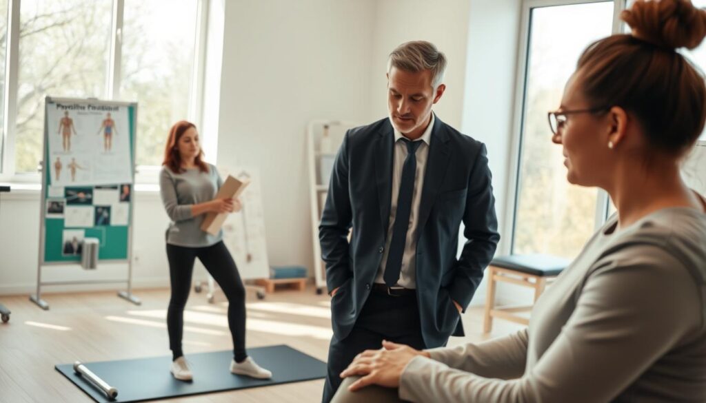 A professional physiotherapy workshop scene in a bright, modern clinic setting. In the foreground, a focused physiotherapist, dressed in smart casual attire, is demonstrating an exercise to a student, who attentively observes. The middle layer features intensive learning materials like anatomy charts and physiotherapy equipment, including exercise mats and therapeutic tools. In the background, large windows allow natural light to flood in, creating a warm and inviting atmosphere that inspires learning and growth. The overall mood is one of professionalism and dedication, aimed at the enhancement of skills and qualifications. Shot from a slightly elevated angle to capture both the interaction and the learning environment, ensuring all human subjects maintain a modest appearance.