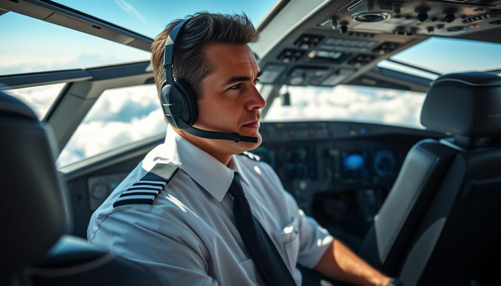 A professional pilot in a modern cockpit, dressed in a crisp pilot uniform, sitting attentively at the controls. The cockpit is filled with realistic flight instruments and screens displaying navigational data. The background features a panoramic view of the sky, with fluffy clouds and the earth visible far below, suggesting altitude. The lighting is bright and natural, simulating a clear day, enhancing the pilot's focused expression. Include subtle reflections on the cockpit glass to evoke authenticity. The atmosphere is one of determination and professionalism, emphasizing the seriousness of the conditions required to become a pilot. The angle is slightly angled from the side to capture both the pilot’s devotion and the intricate cockpit details.