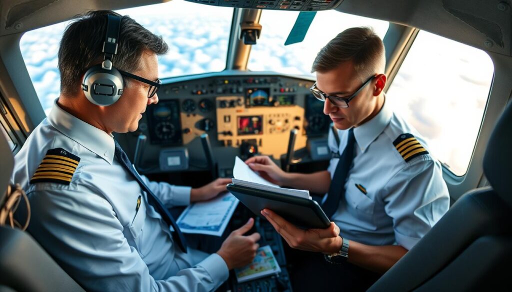 A professional pilot in a modern cockpit, surrounded by advanced flight instruments and controls. In the foreground, the pilot, dressed in a crisp white shirt with epaulettes and a dark tie, is intently analyzing charts and a tablet, symbolizing the detailed requirements for aspiring pilots. The middle ground showcases various aviation certifications and manuals spread out on the console, emphasizing the educational aspect of becoming a pilot. The background features a panoramic view of clouds through the cockpit windshield, illuminated by soft, natural light filtering in, creating a focused and determined atmosphere. The image evokes a sense of professionalism, ambition, and the intricate responsibilities of a commercial pilot. A professional pilot in a modern cockpit, surrounded by advanced flight instruments and controls. In the foreground, the pilot, dressed in a crisp white shirt with epaulettes and a dark tie, is intently analyzing charts and a tablet, symbolizing the detailed requirements for aspiring pilots. The middle ground showcases various aviation certifications and manuals spread out on the console, emphasizing the educational aspect of becoming a pilot. The background features a panoramic view of clouds through the cockpit windshield, illuminated by soft, natural light filtering in, creating a focused and determined atmosphere. The image evokes a sense of professionalism, ambition, and the intricate responsibilities of a commercial pilot.
