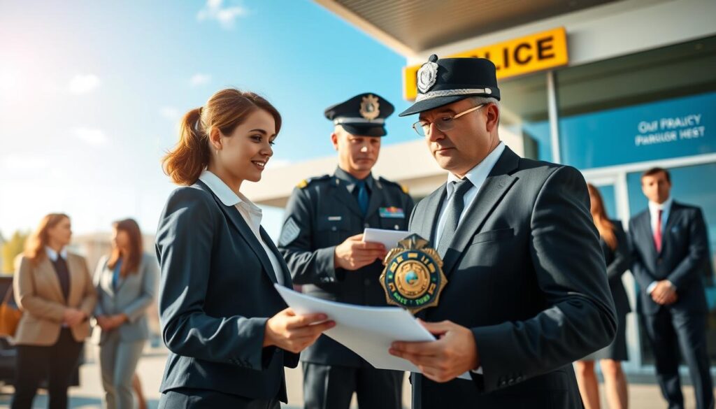 A professional police recruitment scene showcasing the requirements to join the police force. In the foreground, a diverse group of individuals in professional business attire, including a confident woman in a suit and a man in a smart blazer, stand together, looking at a police badge and application form. The middle layer features a police officer in uniform discussing with candidates. The background presents a police station, with a clear blue sky and warm sunlight filtering through, creating an approachable atmosphere. Use a wide-angle lens to capture the emotion of aspiration and determination among the candidates. The lighting should be bright and inviting, fostering a sense of hope and opportunity. A professional police recruitment scene showcasing the requirements to join the police force. In the foreground, a diverse group of individuals in professional business attire, including a confident woman in a suit and a man in a smart blazer, stand together, looking at a police badge and application form. The middle layer features a police officer in uniform discussing with candidates. The background presents a police station, with a clear blue sky and warm sunlight filtering through, creating an approachable atmosphere. Use a wide-angle lens to capture the emotion of aspiration and determination among the candidates. The lighting should be bright and inviting, fostering a sense of hope and opportunity.