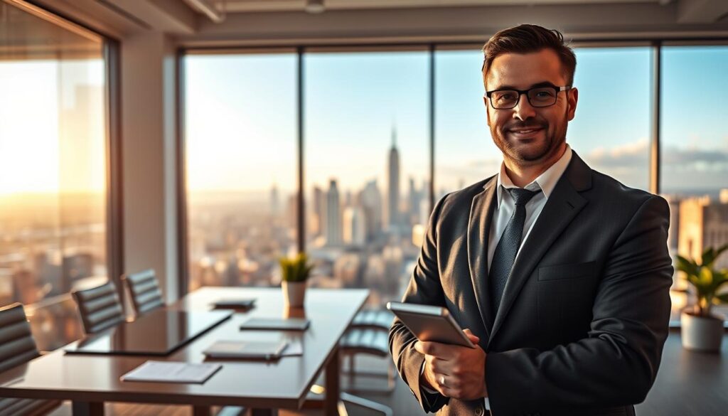 A professional, polished portrait of a businessman in a modern office setting, representing the owner of a company named Oscarsara. The foreground features the man in a tailored suit, possibly holding a tablet or documents, with a confident expression. In the middle ground, a sleek, contemporary desk is adorned with business materials and a small plant for a touch of greenery. The background showcases a panoramic view of a city skyline through large windows, bathed in warm, golden afternoon light, conveying a sense of success and ambition. The atmosphere is serious yet inspiring, symbolizing the impact of Oscarsara in its industry. The composition should be captured from a slightly low angle to emphasize the stature of the subject, with soft focus on background elements to draw attention to the owner.