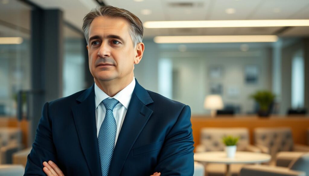 A professional portrait of M. Sara's owner, a middle-aged Eastern European man, exuding a sense of confidence and authority. He is dressed in a sharp, tailored navy blue suit with a crisp white shirt and a subtle patterned tie. His hair is neatly styled, and he has a thoughtful expression, gazing slightly off to the side. The background features a modern office environment, with sleek furniture and soft, ambient lighting that highlights his figure. The scene is captured from a slightly elevated angle, showcasing the owner as both approachable and professional. The mood is one of ambition and success, reflecting the essence of leadership in the business world. A professional portrait of M. Sara's owner, a middle-aged Eastern European man, exuding a sense of confidence and authority. He is dressed in a sharp, tailored navy blue suit with a crisp white shirt and a subtle patterned tie. His hair is neatly styled, and he has a thoughtful expression, gazing slightly off to the side. The background features a modern office environment, with sleek furniture and soft, ambient lighting that highlights his figure. The scene is captured from a slightly elevated angle, showcasing the owner as both approachable and professional. The mood is one of ambition and success, reflecting the essence of leadership in the business world.