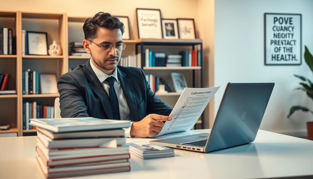 A professional psychologist sitting at a modern desk in a warmly lit office, reviewing educational qualifications and certifications. In the foreground, a neatly arranged stack of psychology textbooks and a laptop displaying a qualifications checklist. The psychologist, dressed in professional business attire, is thoughtfully examining a document, with a focused expression. In the middle ground, shelves lined with psychology literature and framed certificates create an academic atmosphere. The background features a cozy bookshelf and a motivational poster on the wall about mental health. The image is bright and inviting, conveying a sense of professionalism and dedication to the field of psychology. The lighting is soft and warm, enhancing the inviting mood.