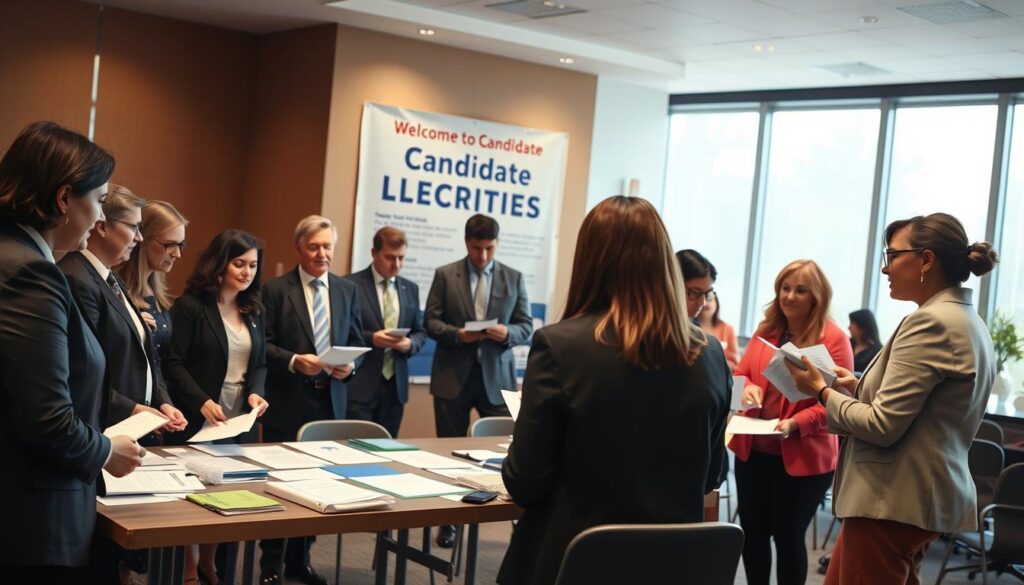 A professional setting depicting a candidate registration process for local elections. In the foreground, a diverse group of individuals, dressed in business attire, gathers around a table covered with paperwork and forms. They engage in discussion and exchange documents, showcasing a collaborative atmosphere. The middle ground features a large banner welcoming candidates, with an official-looking election poster displayed prominently. In the background, there is a conference room with a large window allowing soft, natural light to illuminate the scene, creating a warm and inviting ambiance. The focus is on the interactions, capturing the seriousness yet hopeful mood associated with civic engagement and community representation. The image is shot from a slightly elevated angle to encompass both the people and the registration process effectively.