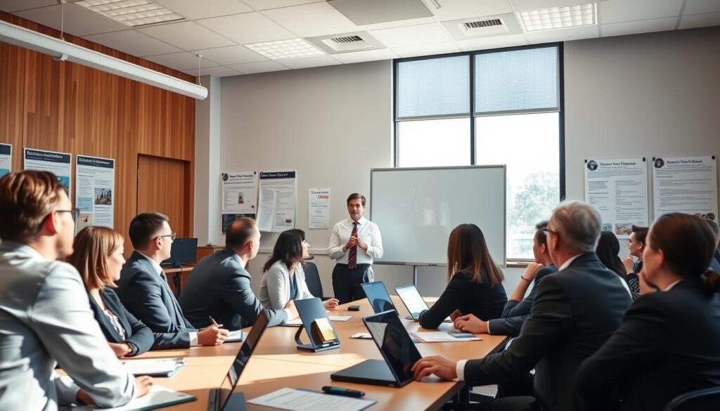 A professional setting depicting a classroom filled with court-appointed supervisor trainees attending a workshop. In the foreground, several individuals in professional business attire engage in lively discussions around a large table with notebooks and laptops. In the middle, a passionate instructor stands at a whiteboard, explaining key concepts. On the walls, educational posters related to judicial supervision and court processes are pinned up. The room is well-lit with natural sunlight streaming through large windows, creating an inviting atmosphere. The mood is focused yet collaborative, capturing the essence of learning and professional development. The angle should be slightly elevated, providing a comprehensive view of the classroom dynamics. A professional setting depicting a classroom filled with court-appointed supervisor trainees attending a workshop. In the foreground, several individuals in professional business attire engage in lively discussions around a large table with notebooks and laptops. In the middle, a passionate instructor stands at a whiteboard, explaining key concepts. On the walls, educational posters related to judicial supervision and court processes are pinned up. The room is well-lit with natural sunlight streaming through large windows, creating an inviting atmosphere. The mood is focused yet collaborative, capturing the essence of learning and professional development. The angle should be slightly elevated, providing a comprehensive view of the classroom dynamics.