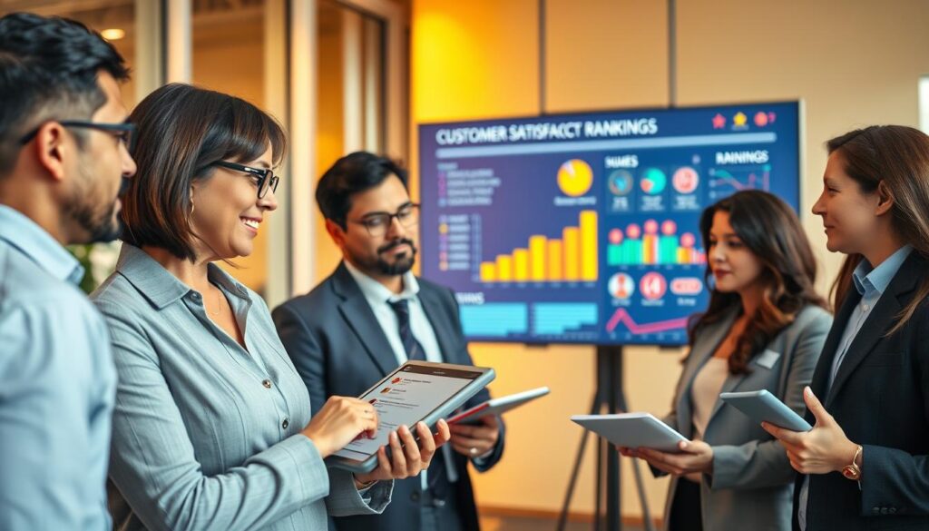 A professional setting depicting a diverse group of business people engaged in a discussion around customer reviews and company rankings. In the foreground, a middle-aged woman in business attire points to a digital tablet displaying positive reviews. Beside her, a young man takes notes while looking attentively. In the middle ground, a large screen displays colorful graphs and charts representing customer satisfaction rankings, with icons symbolizing various businesses. The background is filled with a modern office environment featuring large windows letting in warm, natural light, creating a collaborative atmosphere. The scene conveys professionalism and optimism, reflecting an active evaluation of customer feedback and business performance.