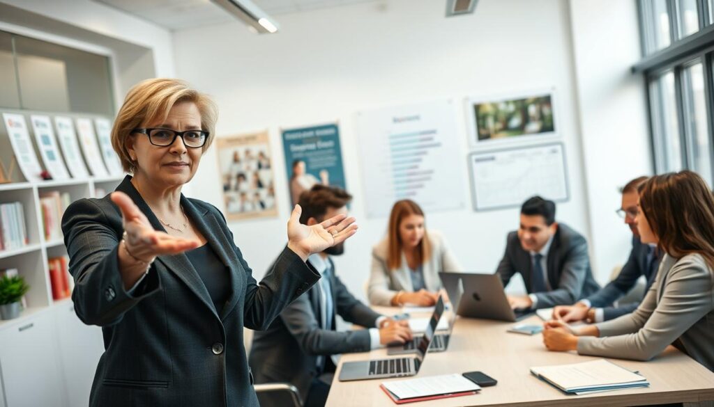 A professional setting depicting a diverse group of individuals engaged in discussions about factors influencing the duration of postgraduate studies. In the foreground, a middle-aged woman in a smart business outfit gestures towards a chart showing various influences like workload, course intensity, and scheduling flexibility. In the middle ground, a group of professionals, including a young man and a woman, are seated around a conference table filled with laptops and notepads, analyzing data. The background features a bright, modern office with bookshelves and academic posters. The lighting is soft yet bright, highlighting the engaged expressions of the participants, creating a collaborative and informative atmosphere. The angle is slightly top-down, emphasizing interaction and focus on the discussion. A professional setting depicting a diverse group of individuals engaged in discussions about factors influencing the duration of postgraduate studies. In the foreground, a middle-aged woman in a smart business outfit gestures towards a chart showing various influences like workload, course intensity, and scheduling flexibility. In the middle ground, a group of professionals, including a young man and a woman, are seated around a conference table filled with laptops and notepads, analyzing data. The background features a bright, modern office with bookshelves and academic posters. The lighting is soft yet bright, highlighting the engaged expressions of the participants, creating a collaborative and informative atmosphere. The angle is slightly top-down, emphasizing interaction and focus on the discussion.