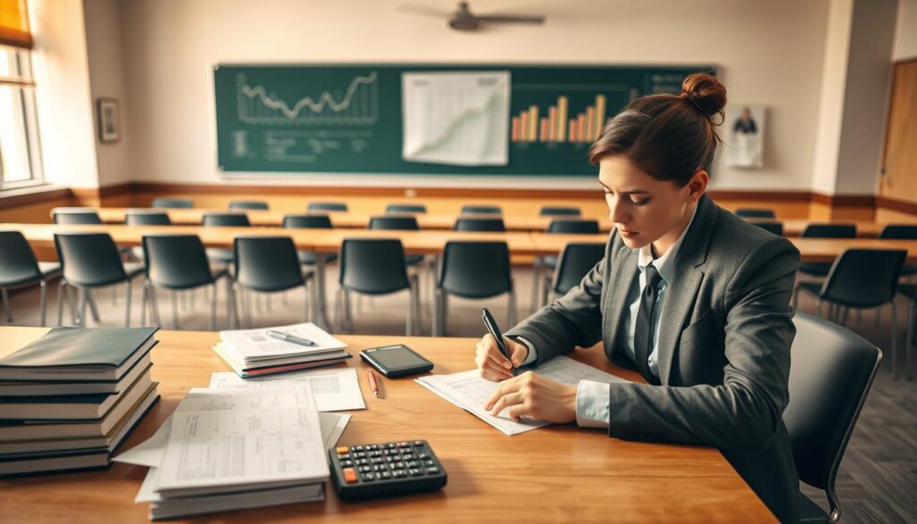 A professional setting depicting a dynamic scene of a tax consultant examination. In the foreground, a person in formal business attire sits at a desk, focused on an examination paper, with a pen in hand. The middle ground features an organized table with books, tax documents, and a calculator, symbolizing preparation for the exam. In the background, a softly-lit classroom with rows of empty chairs and a chalkboard displaying financial charts creates an academic atmosphere. The lighting is warm and inviting, casting soft shadows that enhance the serious yet hopeful mood of the scene. The angle is slightly above eye level, providing a comprehensive view of the examination environment.
