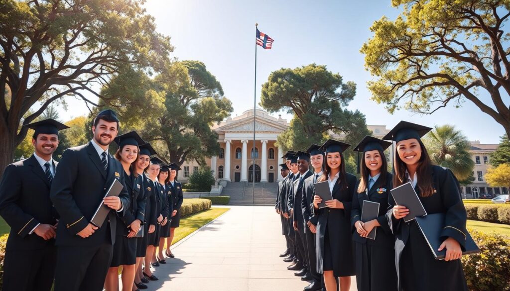 A professional setting depicting a group of graduates in crisp business attire standing proudly in front of a military academy. In the foreground, a diverse group of male and female graduates, holding their diplomas, showcase bright smiles, symbolizing achievement. They have the military insignia subtly placed on their attire. The middle layer features a grand military academy building with flags fluttering in the gentle breeze, while large trees line the pathway where the graduates stand. The background reveals a clear blue sky with sunlight streaming, casting soft shadows on the scene. The image should convey a tone of hope and aspiration, highlighting the career paths available after completing civil studies in relation to military ranks. The composition uses a slight upward angle to evoke a sense of ambition and possibility. A professional setting depicting a group of graduates in crisp business attire standing proudly in front of a military academy. In the foreground, a diverse group of male and female graduates, holding their diplomas, showcase bright smiles, symbolizing achievement. They have the military insignia subtly placed on their attire. The middle layer features a grand military academy building with flags fluttering in the gentle breeze, while large trees line the pathway where the graduates stand. The background reveals a clear blue sky with sunlight streaming, casting soft shadows on the scene. The image should convey a tone of hope and aspiration, highlighting the career paths available after completing civil studies in relation to military ranks. The composition uses a slight upward angle to evoke a sense of ambition and possibility.