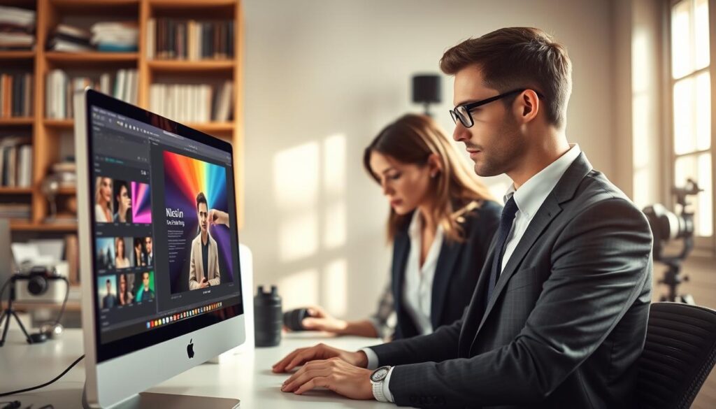 A professional setting depicting photo editing and retouching processes. In the foreground, a sleek digital workspace with a modern computer screen showcasing a photo editing software interface, filled with vibrant colors and editing tools. In the middle ground, a focused individual, dressed in professional business attire, intently adjusting the image on the screen, demonstrating concentration and creativity. The background features shelves filled with photography books and equipment, softly illuminated by natural light streaming through a window, adding a warm and inviting atmosphere. The overall mood conveys a sense of professionalism and attention to detail, ideal for enhancing the quality of recruitment photos.
