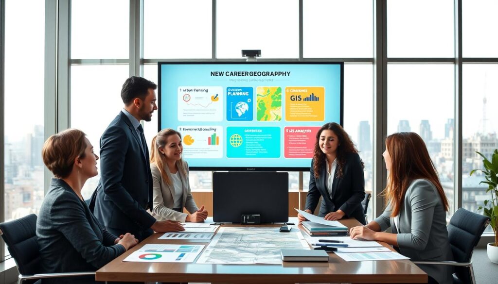 A professional setting depicting the career prospects of geography graduates. In the foreground, a diverse group of five young adults in professional business attire engaged in a lively discussion, with graphs, maps, and digital tools on a conference table. The middle ground features a large screen displaying a colorful infographic on career opportunities in geography, such as urban planning, environmental consulting, and GIS analysis. The background shows a modern office with large windows, allowing natural light to fill the space, while a cityscape is visible outside, emphasizing potential urban careers. The atmosphere is bright and motivational, evoking a sense of optimism for the future.