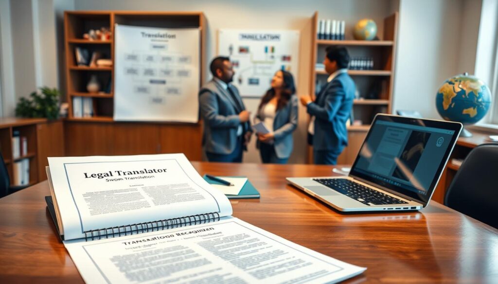 A professional setting depicting the steps to become an officially recognized sworn translator. In the foreground, a polished wooden desk laden with essential documents: a translation certificate, legal texts, and a laptop displaying a course outline. In the middle ground, a diverse group of individuals in professional business attire engaged in discussion, with one person pointing at a flow chart on the wall illustrating the steps to achieve certification. The background includes shelves filled with reference books and a globe, symbolizing language and cultural diversity. Soft, warm lighting illuminates the scene, creating a focused yet inviting atmosphere, captured from a slightly elevated angle to emphasize the collaborative environment. No text or branding elements are present. A professional setting depicting the steps to become an officially recognized sworn translator. In the foreground, a polished wooden desk laden with essential documents: a translation certificate, legal texts, and a laptop displaying a course outline. In the middle ground, a diverse group of individuals in professional business attire engaged in discussion, with one person pointing at a flow chart on the wall illustrating the steps to achieve certification. The background includes shelves filled with reference books and a globe, symbolizing language and cultural diversity. Soft, warm lighting illuminates the scene, creating a focused yet inviting atmosphere, captured from a slightly elevated angle to emphasize the collaborative environment. No text or branding elements are present.