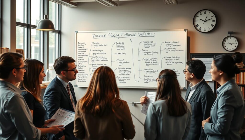 A professional setting depicting various factors influencing the duration of doctoral studies. In the foreground, a diverse group of researchers in professional attire are engaged in discussion, examining charts and notes. In the middle, a large whiteboard filled with diagrams and bullet points highlights key factors such as research funding, time management, mentorship quality, and personal circumstances. The background features a modern academic environment with shelves of books, a window letting in natural light, and a clock showing time passing. The atmosphere is collaborative and insightful, inviting viewers to reflect on the complexities of pursuing a doctorate. The lighting is warm and focused, emphasizing the dynamic interplay between the individuals and the information being shared. A professional setting depicting various factors influencing the duration of doctoral studies. In the foreground, a diverse group of researchers in professional attire are engaged in discussion, examining charts and notes. In the middle, a large whiteboard filled with diagrams and bullet points highlights key factors such as research funding, time management, mentorship quality, and personal circumstances. The background features a modern academic environment with shelves of books, a window letting in natural light, and a clock showing time passing. The atmosphere is collaborative and insightful, inviting viewers to reflect on the complexities of pursuing a doctorate. The lighting is warm and focused, emphasizing the dynamic interplay between the individuals and the information being shared.