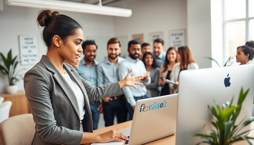 A professional setting featuring a diverse group of individuals gathered around a modern office workspace, engaged in a discussion about changing a Facebook page name. In the foreground, a confident woman in smart casual attire points at a laptop screen displaying the Facebook interface. The middle ground includes a diverse group of colleagues, both men and women of various ethnicities, observing and discussing, with some taking notes. The background showcases a bright, well-lit office with motivational posters and plants. The atmosphere is collaborative and dynamic, emphasizing teamwork and innovation. Soft, natural lighting illuminates the scene, creating a warm and inviting mood, while the angle captures a sense of focus and engagement among the team.