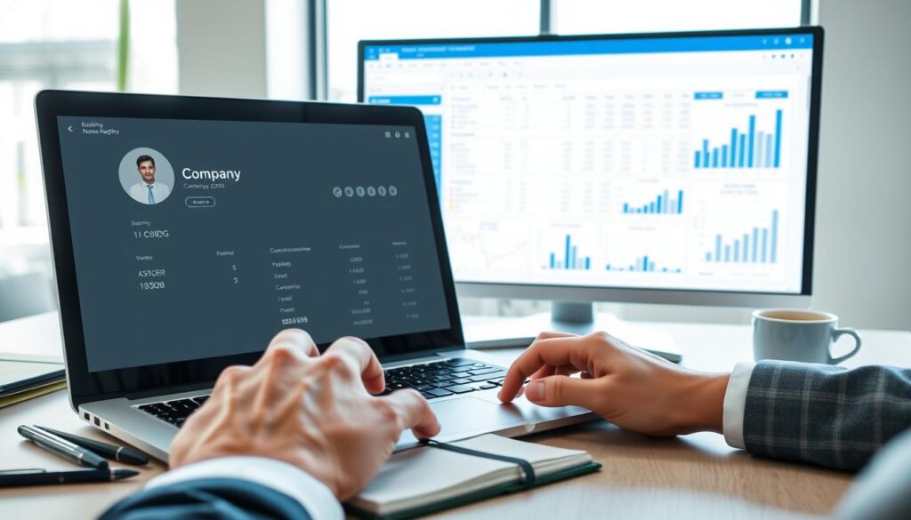 A professional setting showcasing a desk with a laptop open to a digital platform displaying business information, specifically details about a company in the CEIDG registry. In the foreground, a pair of hands in a business attire interacting with the laptop, highlighting an organized workspace with pens, a notepad, and a coffee cup. In the middle ground, a large monitor reveals graphs and tables of company data. The background features a bright office environment with natural light streaming through a window, casting soft shadows. The atmosphere is focused and informative, conveying clarity and professionalism. Please ensure the image is suitable for a business context, avoiding any text or overlays.