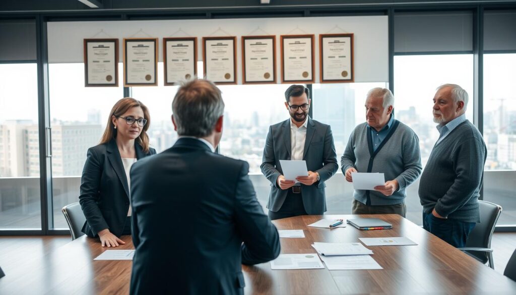 A professional setting showcasing a modern mediation certification process. In the foreground, a diverse group of three individuals—a middle-aged woman with glasses in a smart blazer, a young man in a tailored suit, and an older man with gray hair in a cardigan—are engaged in a serious discussion around a large wooden table filled with documents and a laptop. The middle ground features certificates hanging on the wall, symbolizing achievement and credibility. In the background, a large window opens to a cityscape, allowing natural light to flood the room, enhancing an atmosphere of professionalism and focus. The image is well-composed, capturing a moment of collaboration and dedication to becoming certified mediators, illustrating the theme of certification in mediation.
