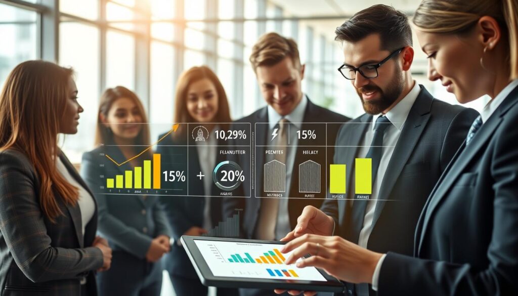 A professional setting showcasing a split-screen comparison of electricity prices for businesses. In the foreground, a diverse group of business professionals in smart attire are analyzing charts and graphs on a digital tablet. The middle section features visually striking infographics displaying different price rates, accompanied by symbols like lightning bolts and power meters. The background includes a modern office environment with large windows letting in natural light, creating a bright and optimistic atmosphere. The lighting is soft yet focused, enhancing the details of the graphs while casting gentle shadows. The image conveys a sense of informed decision-making and professionalism.